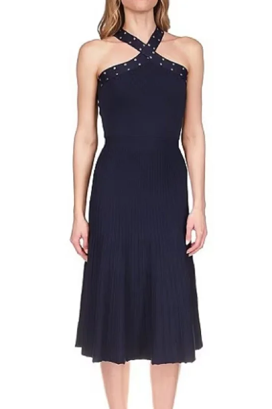 women's petite dressesMichael Kors Studded Halter Midi Dress MIDNIGHT BLUE