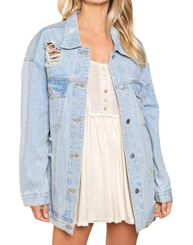 women's coats for breastfeeding mothersJe T'aime Mon Amour Distressed Denim Jacket In Denim Multi