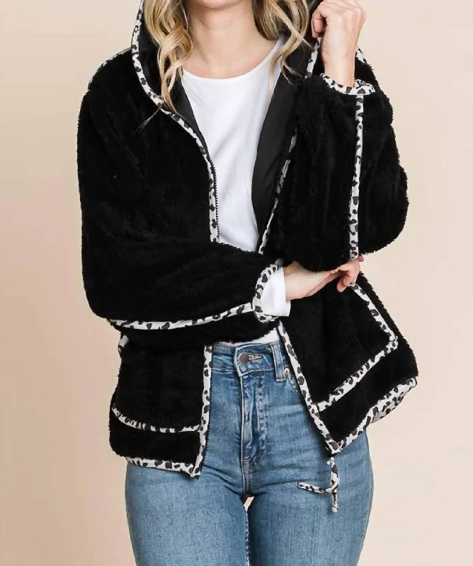 women's coats with asymmetrical hemsHoodie Contrast Binding Faux Fur Solid Jacket In Black