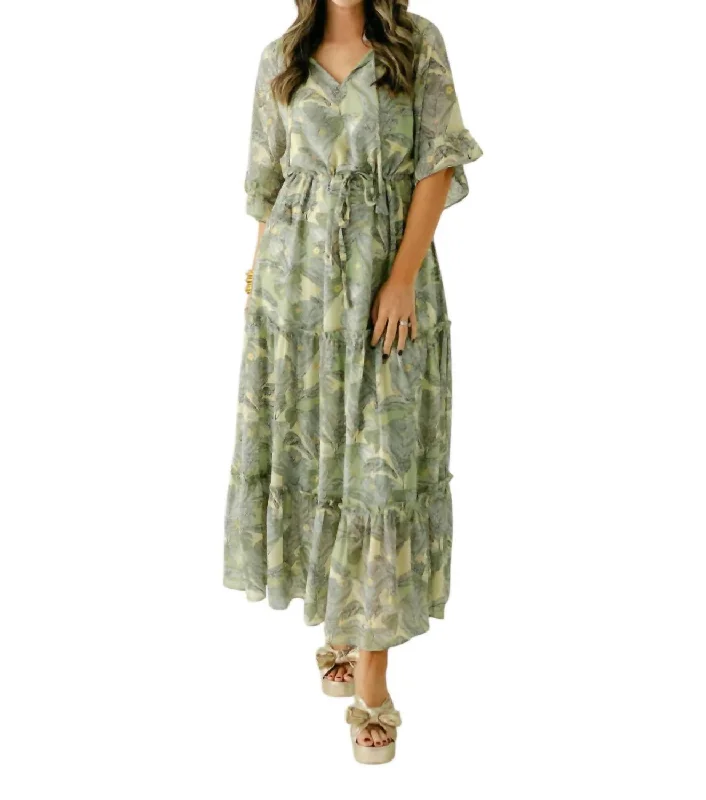 women's satin dressesCinched Waist Maxi Dress In Olive Leaf