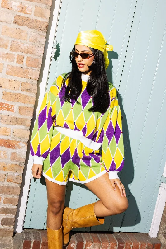 Multi Mardi Gras Diamond Pattern Sweater