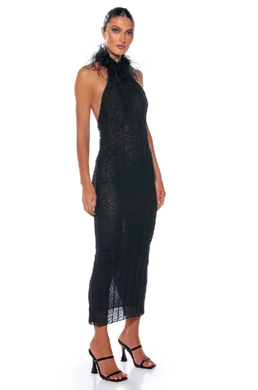 women's midi dressesFORTUNA FEATHER HALTERNECK MESH MIDI DRESS