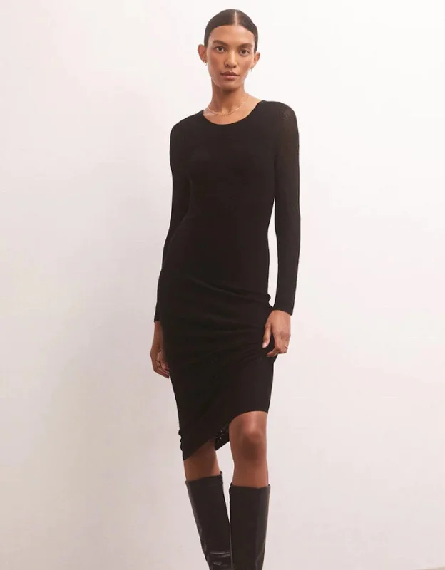 women's stretch dressesZ Supply Liza Sweater Mesh Midi Dress BLACK