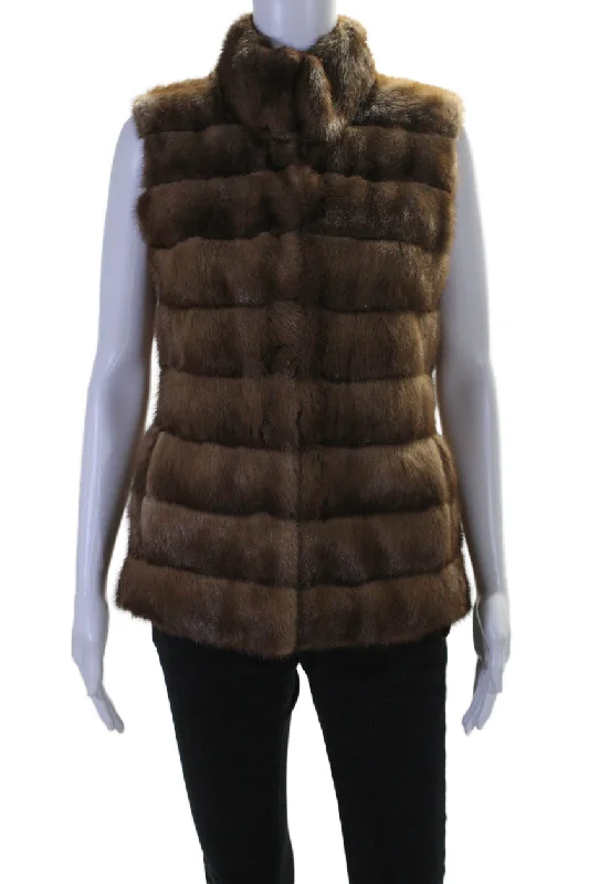 women's coats with pocketsDennis Basso Womens Mink Fur Hook Closure Sleeveless Vest Brown