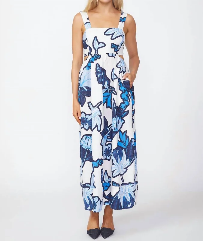 women's halter dressesTropical Floral Linen Maxi Dress In Sport Blue