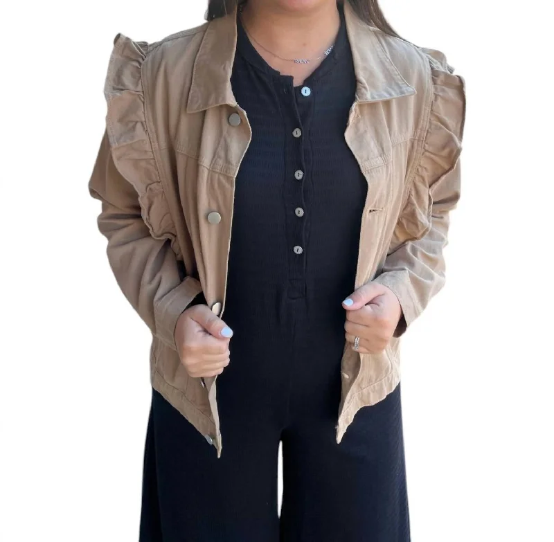 women's coats with pocketsRuffled Denim Jacket In Tan