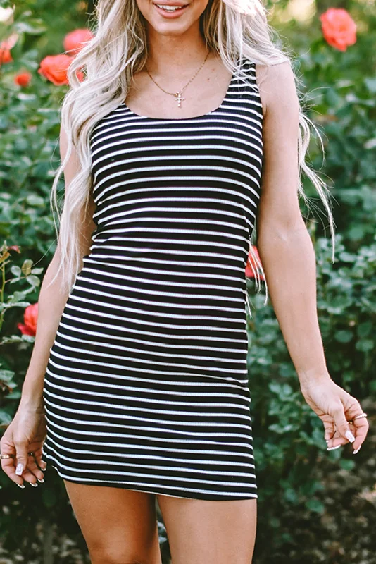 women's hourglass figure dressesBlack Stripe Ribbed Knit Sleeveless Mini Dress