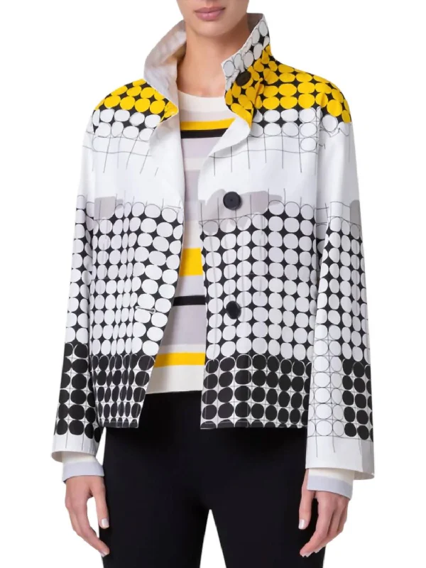 women's coats for travelSkyscraper Facade Print Techno Taffeta Short Jacket In Cream/tin/yellow