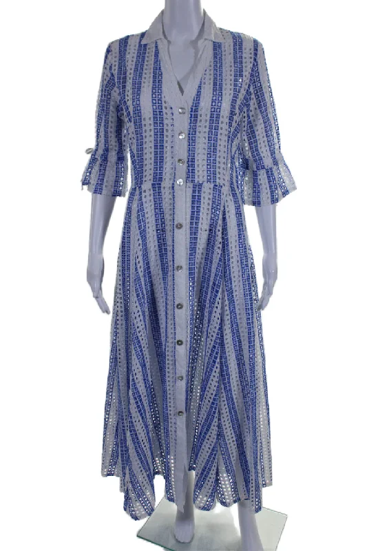 women's long-sleeved dressesTheodora Womens Button Front Embroidered Striped Maxi Dress White Blue Large