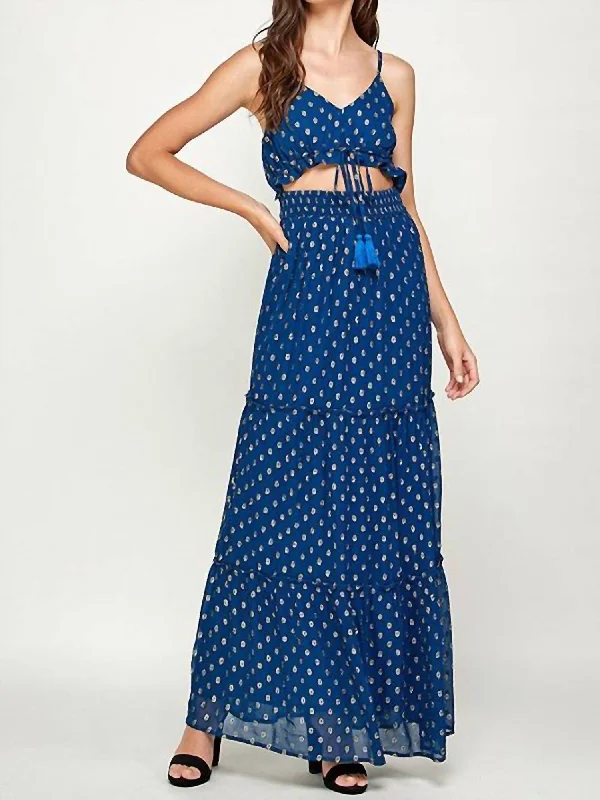 women's metallic dressesCut Out Maxi Dress In Navy/gold