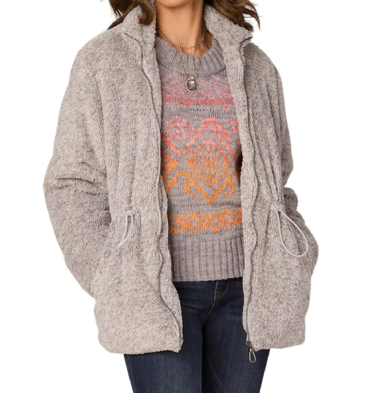 trendy women's coatsLong Sleeve Stand Collar Zip Front Fur Jacket With Drawstring Waist In Heather Grey