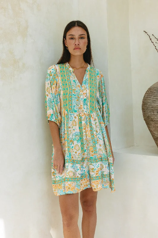 women's short-sleeved dressesEden Green Boho Button Down Mini Dress