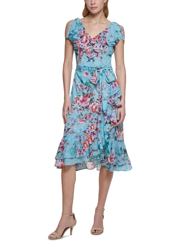 women's short-sleeved dressesWomens Floral Calf Midi Dress