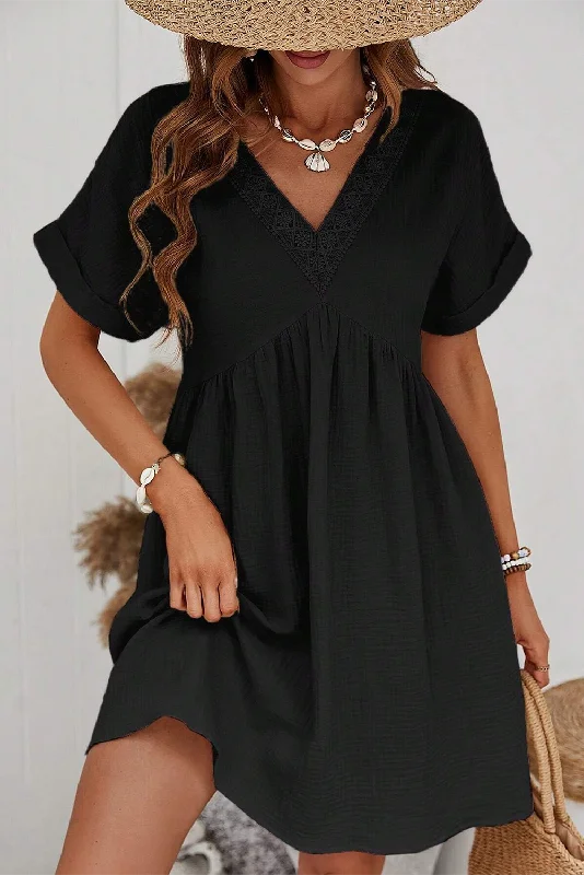 women's flowy dressesFolded Short Sleeve Lace V Neck Mini Dress