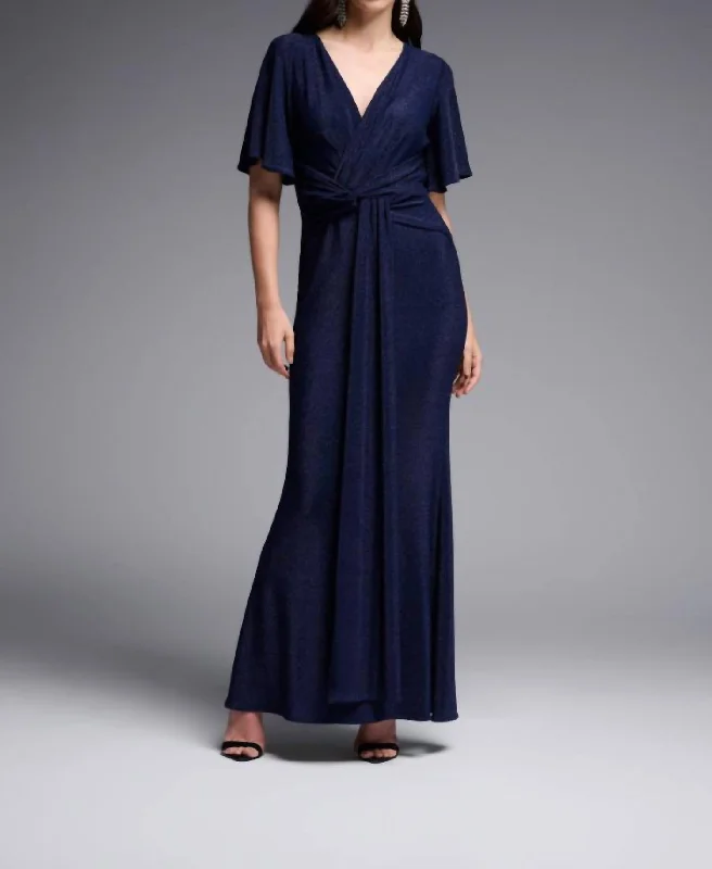 women's shift dressesSolid Lurex Fit And Flare Maxi Dress In Navy