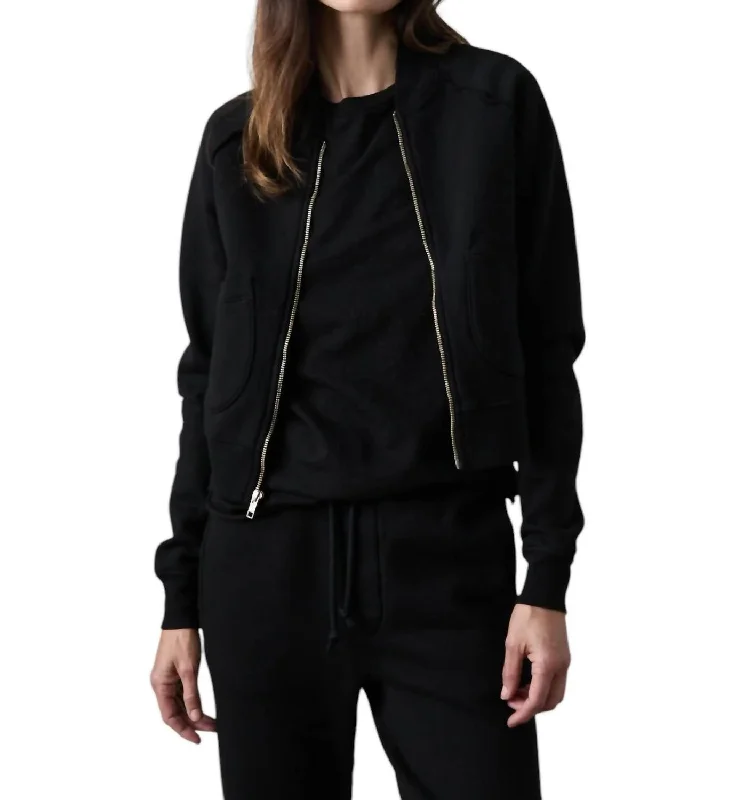 women's coats for apple-shaped bodiesFox Zip Front Bomber Jacket In Black