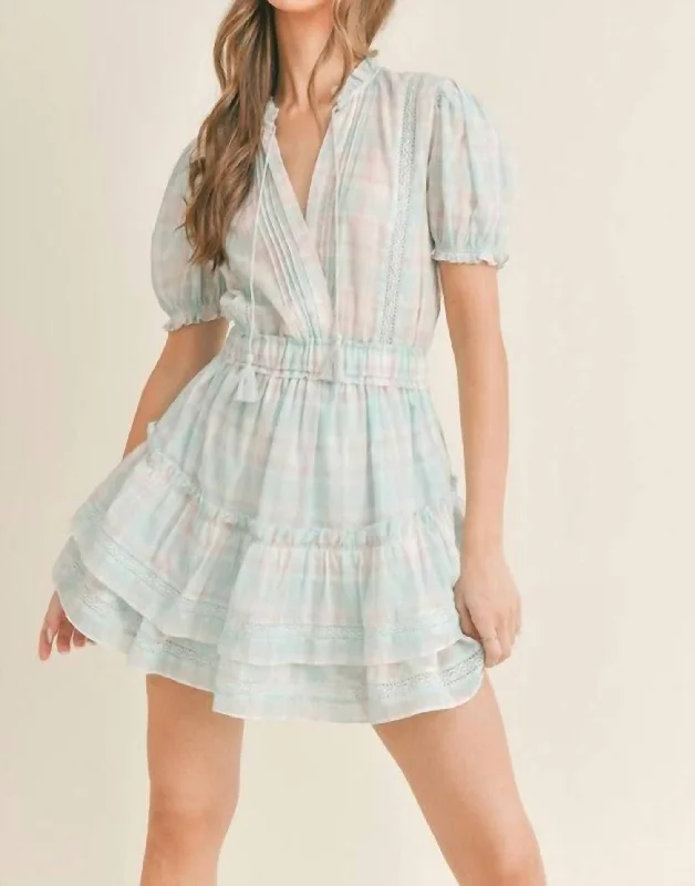 women's velvet dressesArrie Plaid Ruffle Mini Dress In Aqua