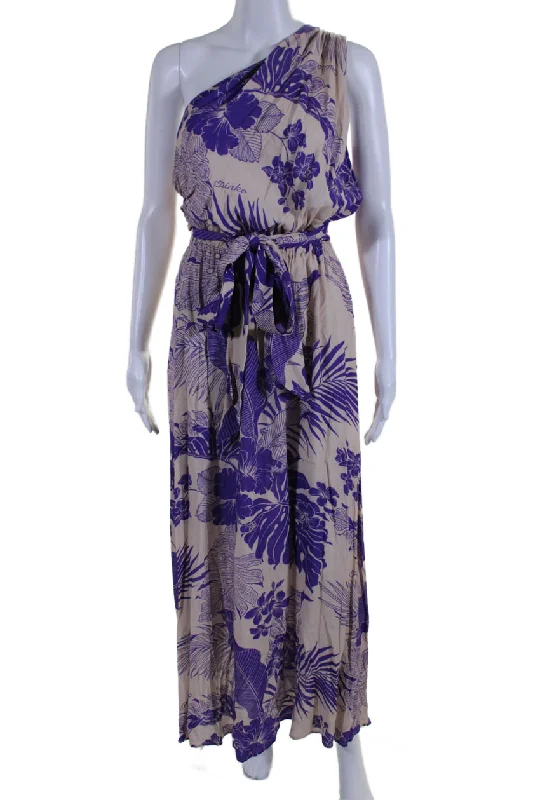 women's breathable dressesPinko Womens Floral Print Sleeveless One Shoulder Maxi Dress Purple