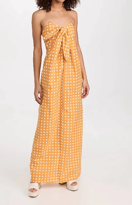 women's striped dressesKaia Polka Dot Strapless Maxi Dress In Mustard