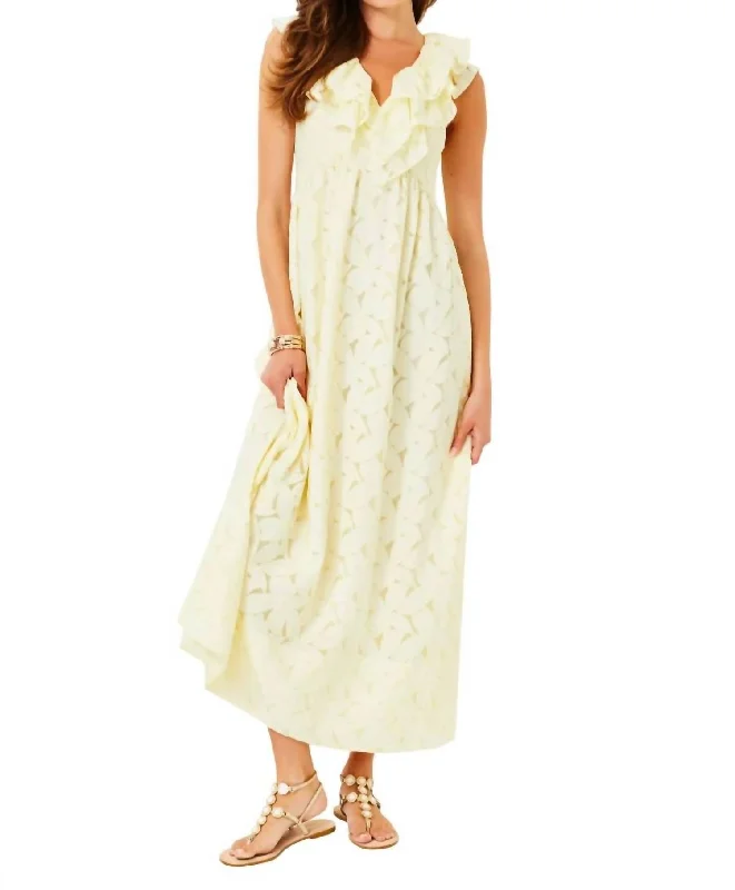 women's metallic dressesRitamarie Ruffle Maxi Dress In Pastel Finch Yellow Flora Faille