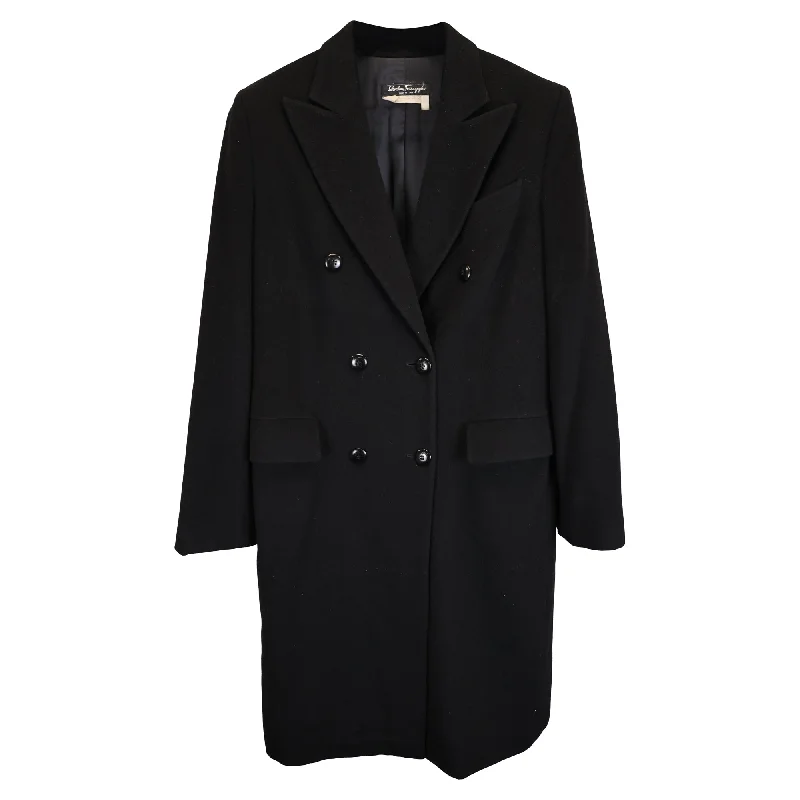 women's coats for those who value both style and comfortFerragamo Classic Double-Breasted Overcoat in Navy Blue Wool