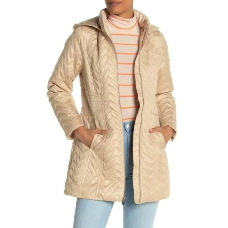 women's coats for winter sports enthusiastsZigzag Quilted Mid-Length Detachable Hood Puffer Jacket In Beige