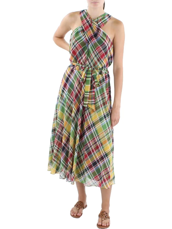 women's solid color dressesWomens Plaid Midi Halter Dress