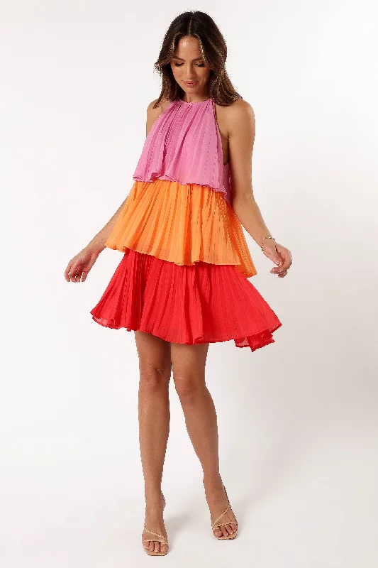 women's lace-up dressesShortcake Tiered Mini Dress - Pink Orange Red