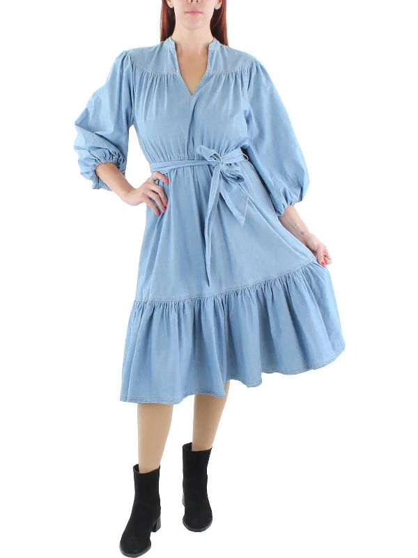 women's wrap dressesWomens Chambray Ruffled Midi Dress