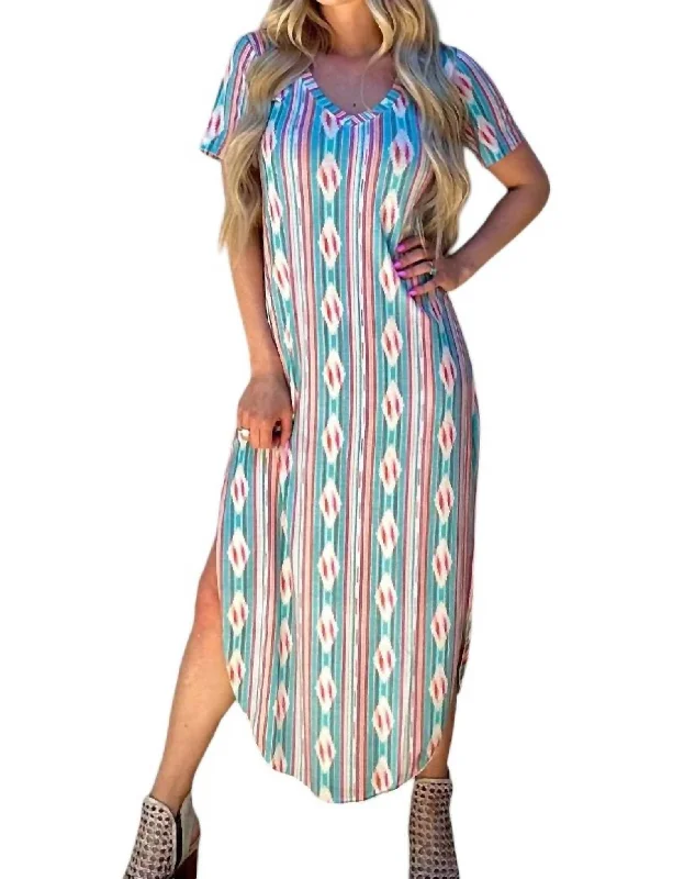 women's apple-shaped body dressesMomma Mia Maxi Dress In Blue Aztec