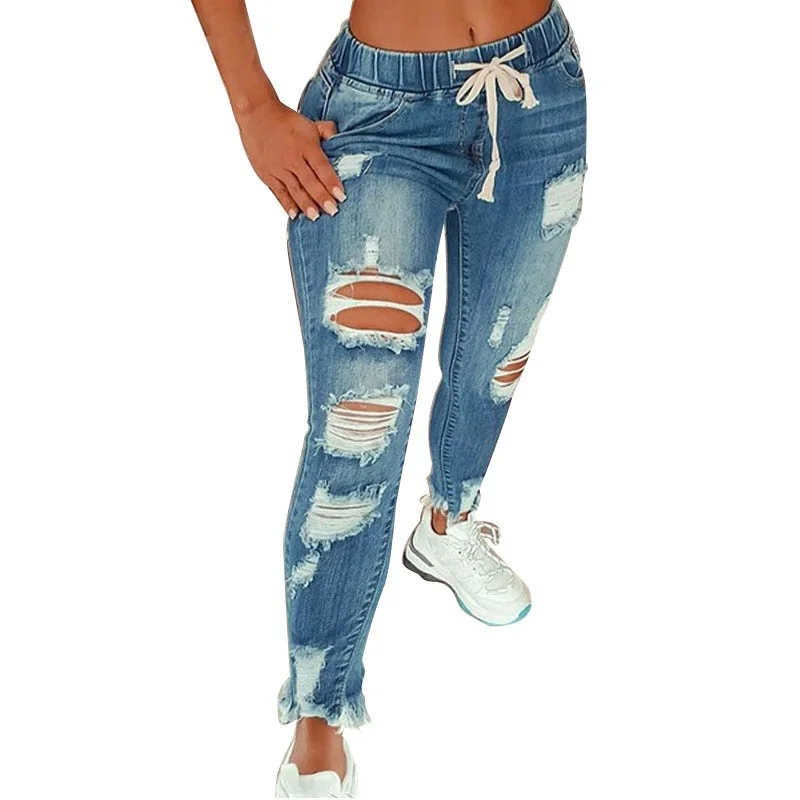 women's high-waisted pantsFashionSierra - Women Ripped Elastic Waist Jeans High Stretch Denim Pencil Pants Large Size Trousers S-5XL Drop Ship