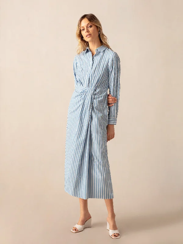 women's ruffle dressesBlue Stripe Wrap Shirt Dress