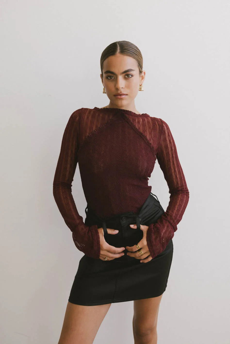 women's metallic dressesLinnea Lace Top in Burgundy