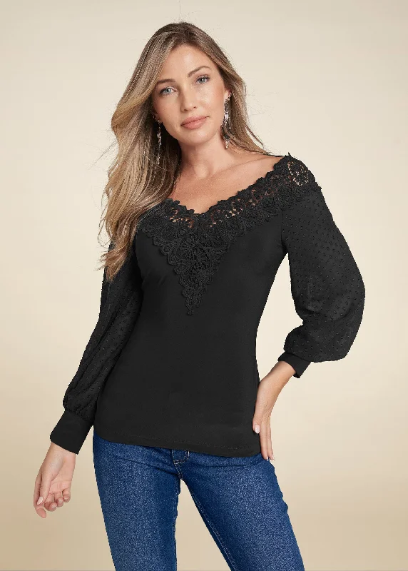 women's everyday dressesLace Neckline Top - Black