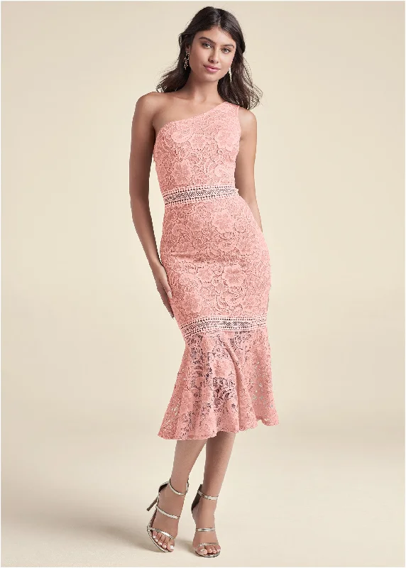 women's satin dressesOne-Shoulder Lace Dress - Blush