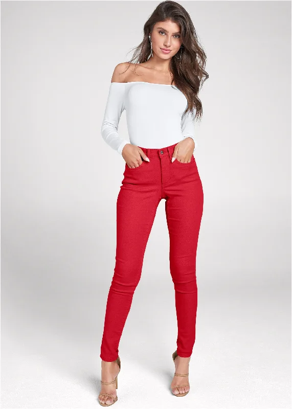 women's wrinkle-resistant dressesHeidi Skinny Jeans - Red