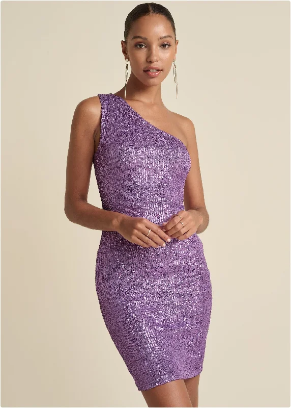 women's retro dressesOne-Shoulder Sequin Dress - Lavender