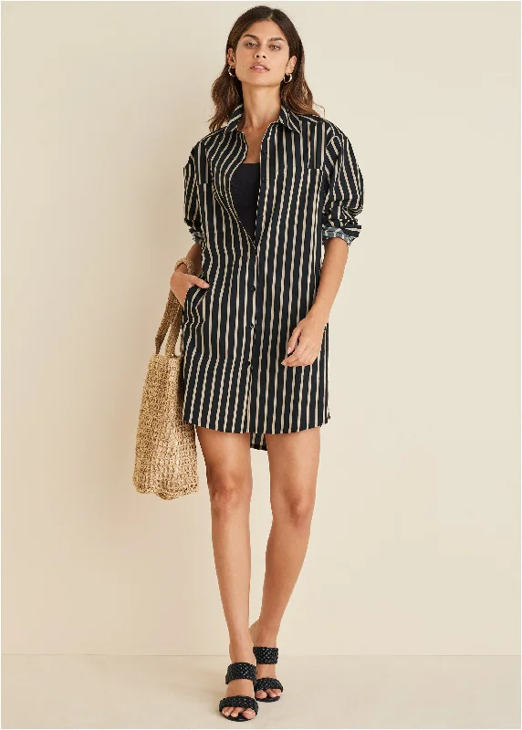 women's pastel dressesShirt Dress - Tan Black Stripe