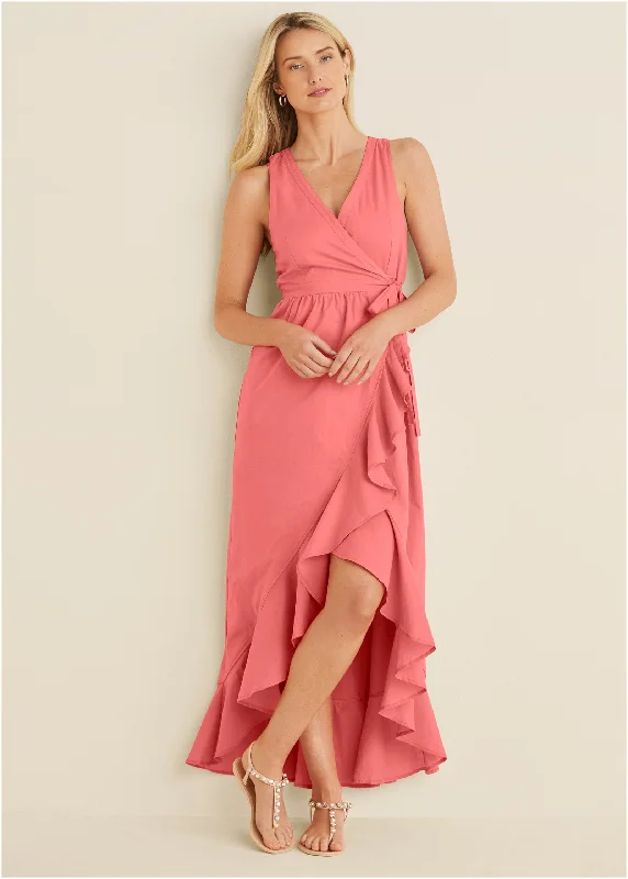 women's bell-sleeved dressesHigh-Low Wrap Dress - Coral