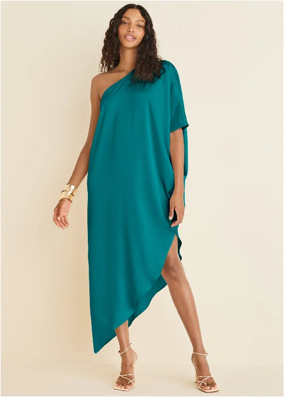 women's one-shoulder dressesOne-Shoulder Kaftan Dress - Teal