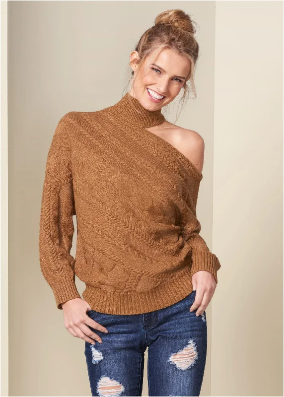 women's smart casual dressesOne-Shoulder Turtleneck Sweater - Brown