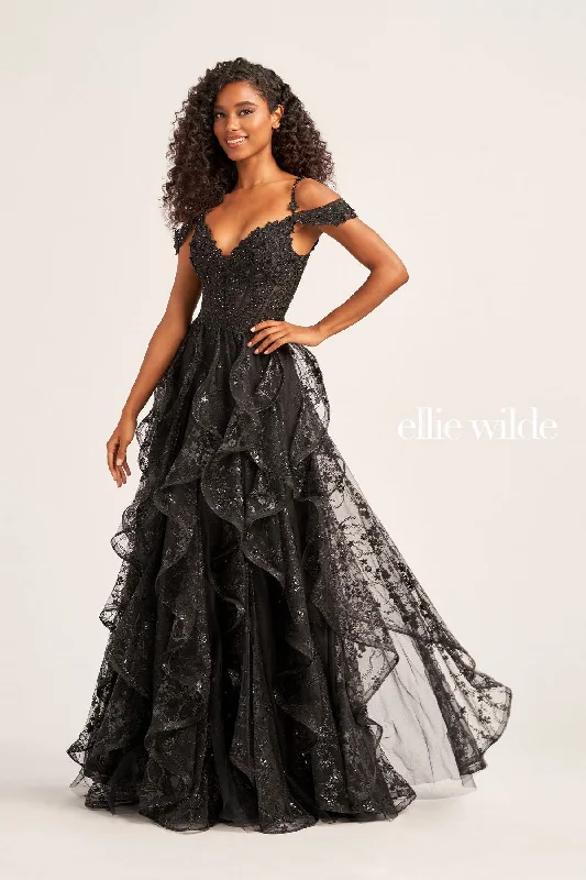 women's petite dressesEllie Wilde EW35218 Long Formal Detachable Sleeve Beaded Prom Dress