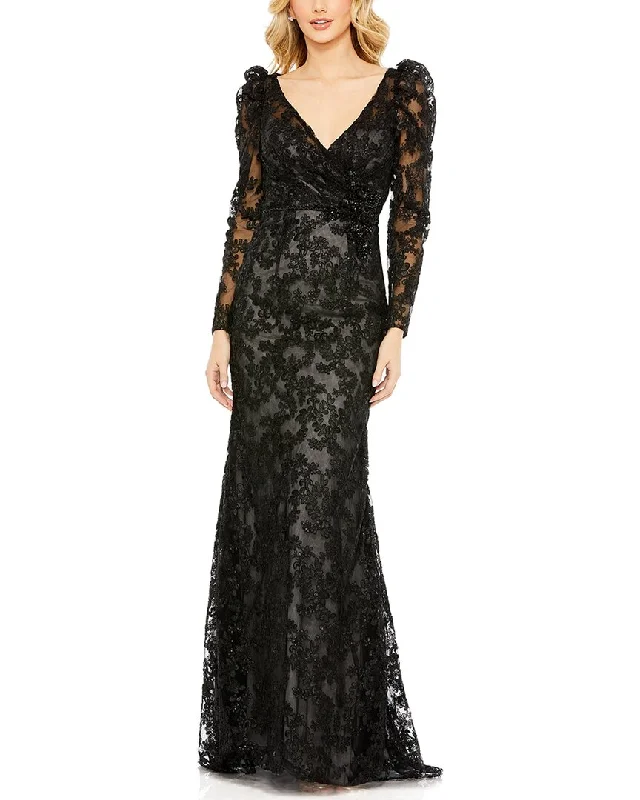 women's cocktail dressesMac Duggal Embroidered Lace Puff Sleeve Wrap Over Gown